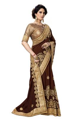 Trendmalls Brown embroidered satin   Traditional Wedding Party Wear Bridal Saree With Blouse   4