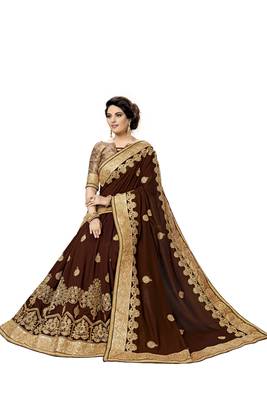 Trendmalls Brown embroidered satin   Traditional Wedding Party Wear Bridal Saree With Blouse   5