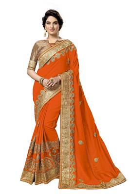 Trendmalls Orange embroidered satin   Traditional Wedding Party Wear Bridal Saree With Blouse   1