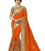 Trendmalls Orange embroidered satin   Traditional Wedding Party Wear Bridal Saree With Blouse  