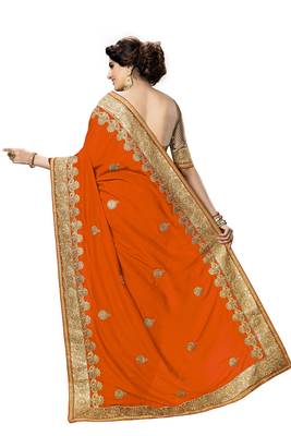 Trendmalls Orange embroidered satin   Traditional Wedding Party Wear Bridal Saree With Blouse   2