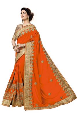 Trendmalls Orange embroidered satin   Traditional Wedding Party Wear Bridal Saree With Blouse   3