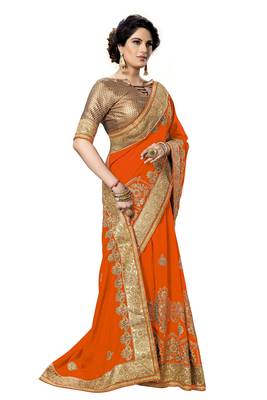 Trendmalls Orange embroidered satin   Traditional Wedding Party Wear Bridal Saree With Blouse   4