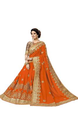 Trendmalls Orange embroidered satin   Traditional Wedding Party Wear Bridal Saree With Blouse   5