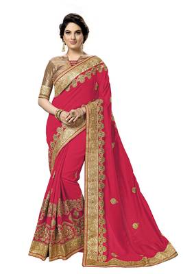 Trendmalls Pink embroidered satin   Traditional Wedding Party Wear Bridal Saree With Blouse   1