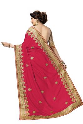 Trendmalls Pink embroidered satin   Traditional Wedding Party Wear Bridal Saree With Blouse   2