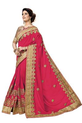 Trendmalls Pink embroidered satin   Traditional Wedding Party Wear Bridal Saree With Blouse   3