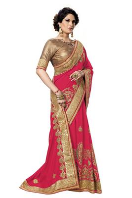 Trendmalls Pink embroidered satin   Traditional Wedding Party Wear Bridal Saree With Blouse   4