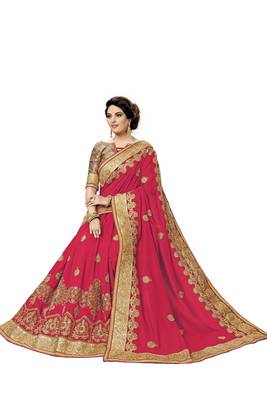 Trendmalls Pink embroidered satin   Traditional Wedding Party Wear Bridal Saree With Blouse   5
