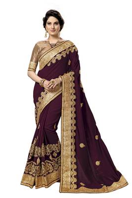 Purple embroidered satin saree with blouse 1