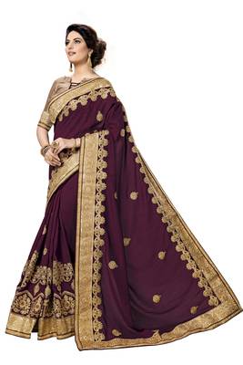 Purple embroidered satin saree with blouse 3