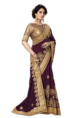 Purple embroidered satin saree with blouse 4