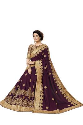 Purple embroidered satin saree with blouse 5