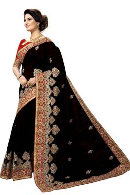 Trendmalls Black embroidered silk   Traditional Wedding Party Wear Bridal Saree With Blouse   3