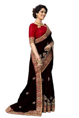 Trendmalls Black embroidered silk   Traditional Wedding Party Wear Bridal Saree With Blouse   4