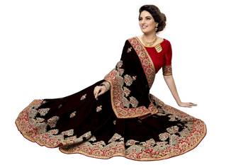 Trendmalls Black embroidered silk   Traditional Wedding Party Wear Bridal Saree With Blouse   5