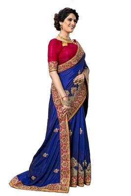 Blue embroidered silk saree with blouse 4