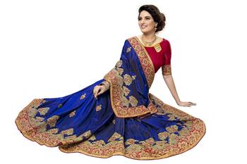 Blue embroidered silk saree with blouse 5