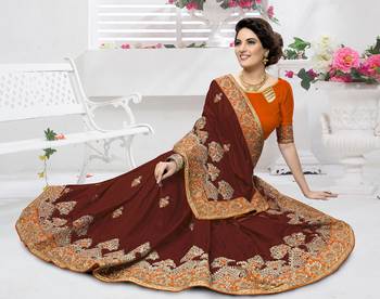 Trendmalls Brown embroidered silk   Traditional Wedding Party Wear Bridal Saree With Blouse   1