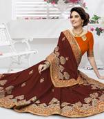 Trendmalls Brown embroidered silk   Traditional Wedding Party Wear Bridal Saree With Blouse  