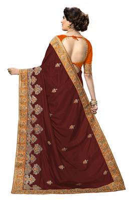 Trendmalls Brown embroidered silk   Traditional Wedding Party Wear Bridal Saree With Blouse   2