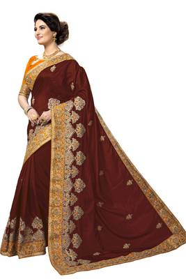Trendmalls Brown embroidered silk   Traditional Wedding Party Wear Bridal Saree With Blouse   3