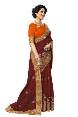 Trendmalls Brown embroidered silk   Traditional Wedding Party Wear Bridal Saree With Blouse   4