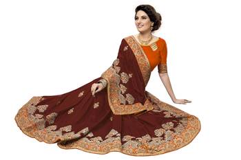 Trendmalls Brown embroidered silk   Traditional Wedding Party Wear Bridal Saree With Blouse   5