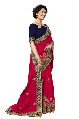Trendmalls Pink embroidered silk   Traditional Wedding Party Wear Bridal Saree With Blouse   4