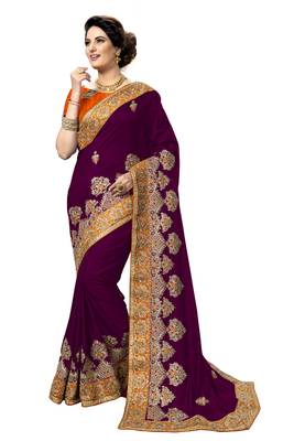 Trendmalls Purple embroidered silk   Traditional Wedding Party Wear Bridal Saree With Blouse   1