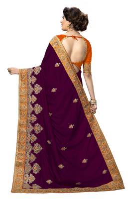 Trendmalls Purple embroidered silk   Traditional Wedding Party Wear Bridal Saree With Blouse   2