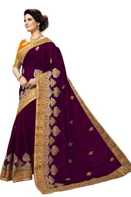 Trendmalls Purple embroidered silk   Traditional Wedding Party Wear Bridal Saree With Blouse   3