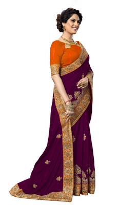 Trendmalls Purple embroidered silk   Traditional Wedding Party Wear Bridal Saree With Blouse   4