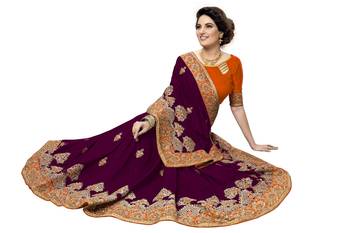 Trendmalls Purple embroidered silk   Traditional Wedding Party Wear Bridal Saree With Blouse   5