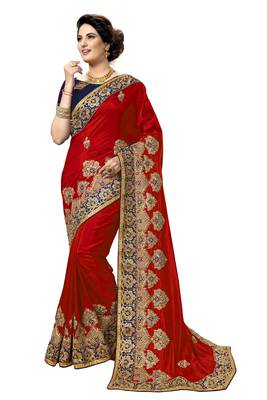 Red embroidered silk saree with blouse 1