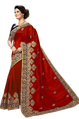 Red embroidered silk saree with blouse 3