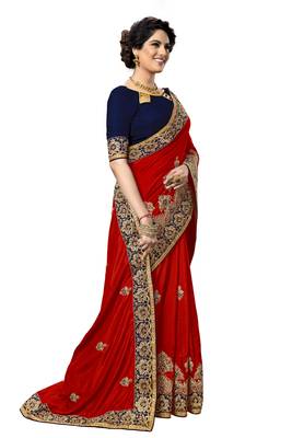 Red embroidered silk saree with blouse 4
