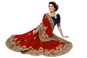 Red embroidered silk saree with blouse 5