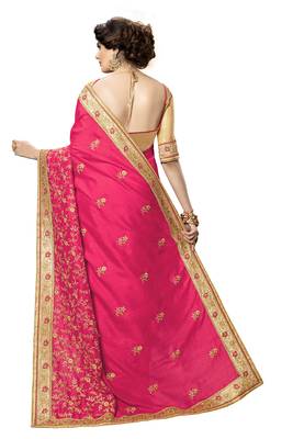 Pink embroidered satin saree with blouse 2