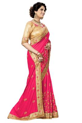 Pink embroidered satin saree with blouse 4