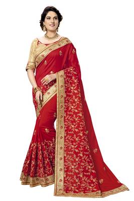 Red embroidered satin saree with blouse 1