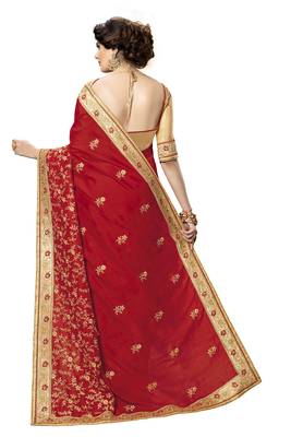 Red embroidered satin saree with blouse 2