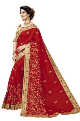 Red embroidered satin saree with blouse 3