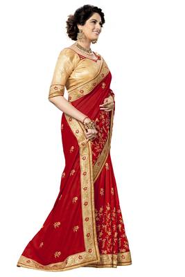 Red embroidered satin saree with blouse 4