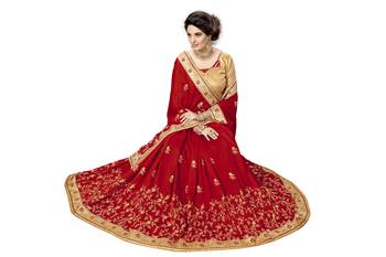 Red embroidered satin saree with blouse 5