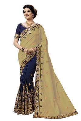 Trendmalls Beige embroidered silk  Traditional Wedding Party Wear Bridal Saree with Blouse  1