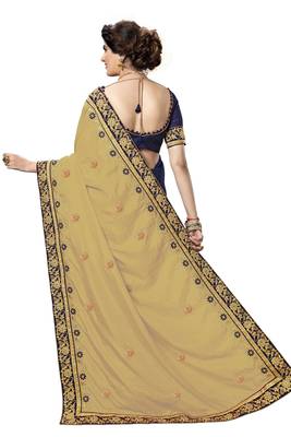 Trendmalls Beige embroidered silk  Traditional Wedding Party Wear Bridal Saree with Blouse  2