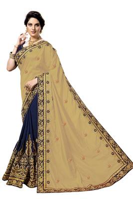 Trendmalls Beige embroidered silk  Traditional Wedding Party Wear Bridal Saree with Blouse  3