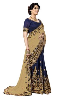 Trendmalls Beige embroidered silk  Traditional Wedding Party Wear Bridal Saree with Blouse  4