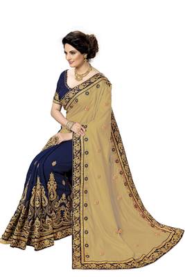 Trendmalls Beige embroidered silk  Traditional Wedding Party Wear Bridal Saree with Blouse  5